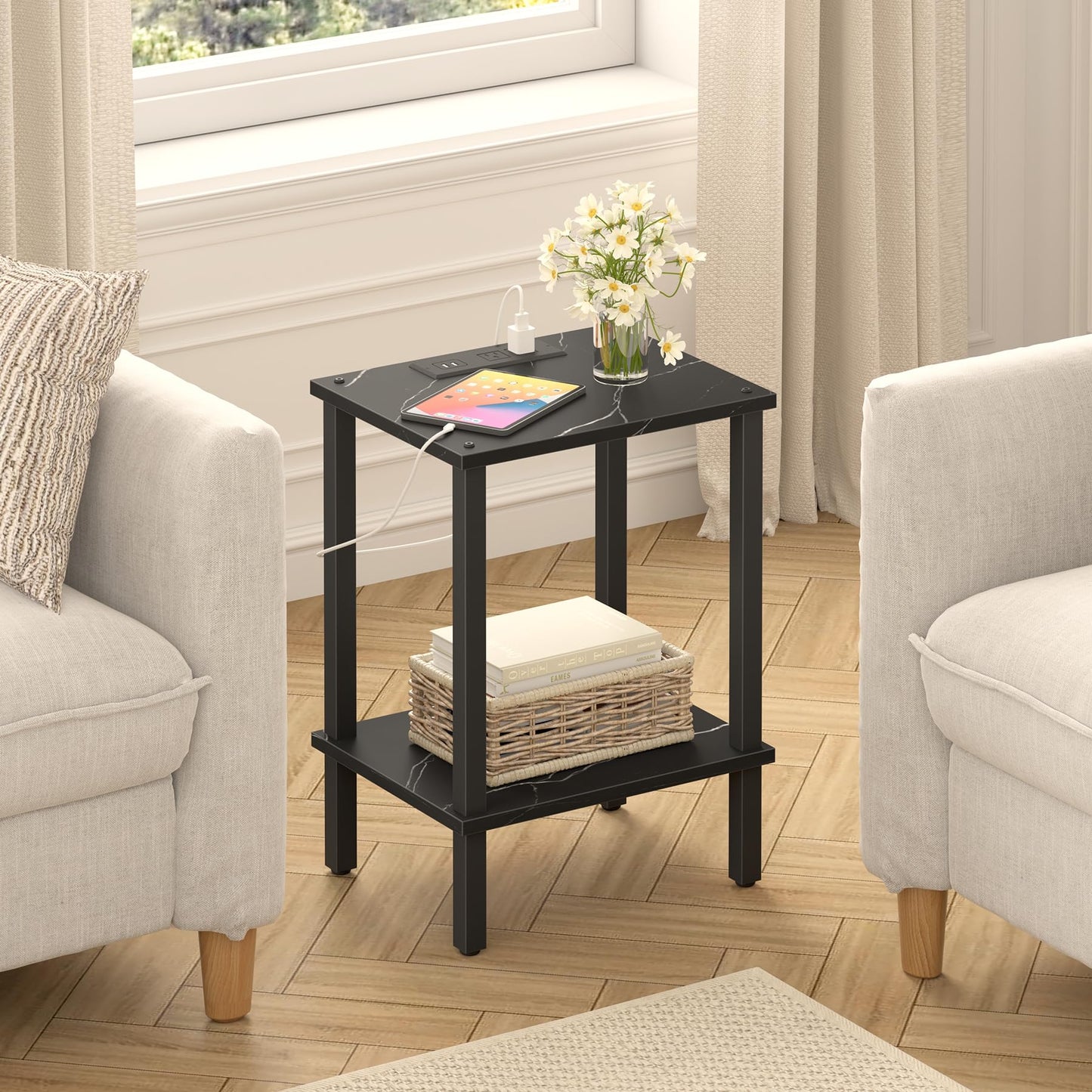 TUTOTAK End Table with Charging Station, Small Side Table, Nightstand Bedside Table, 2-Tier Storage Shelf for Small Space, Living Room, Bedroom, Marble Black TB01BMK040