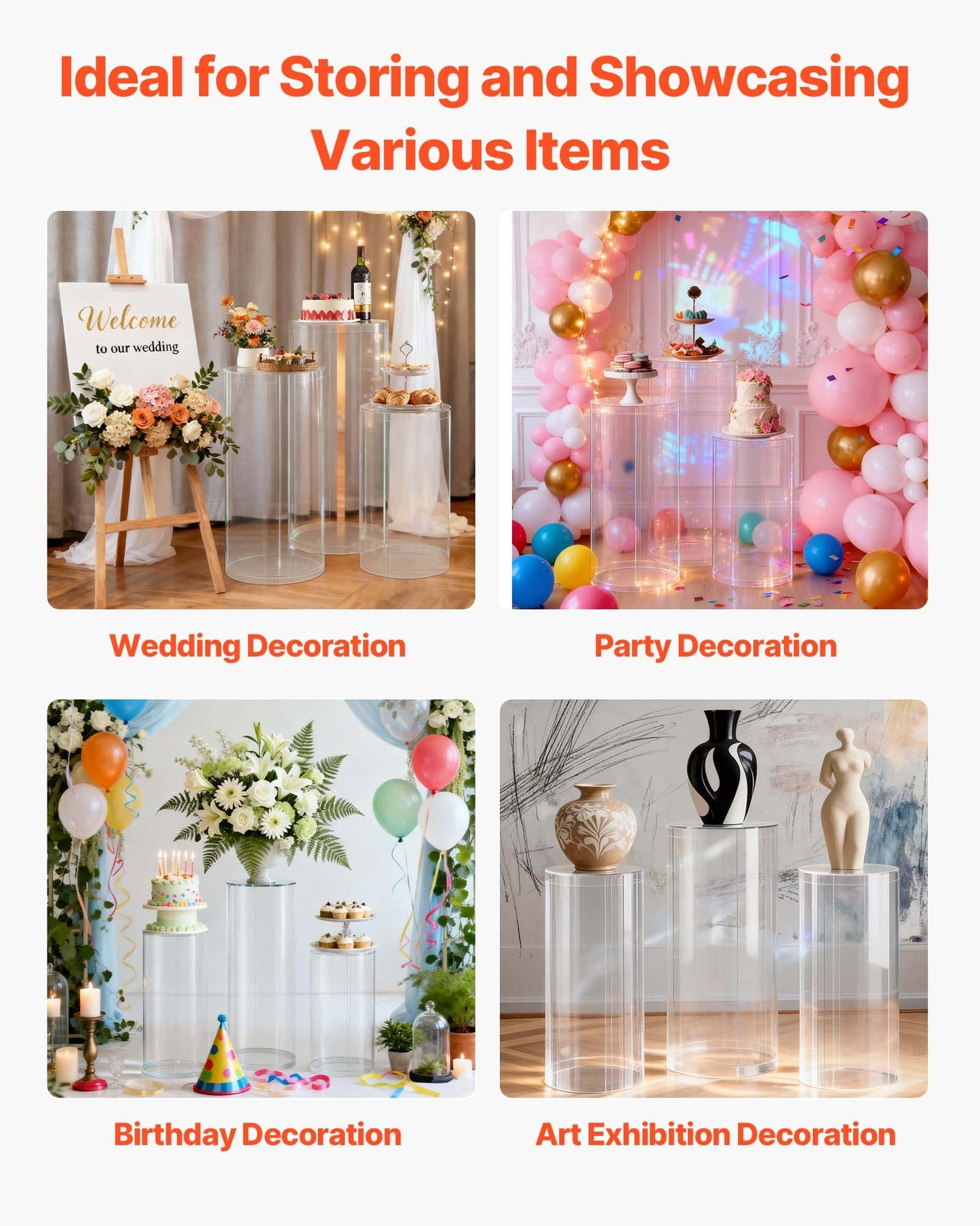 VEVOR Wedding Flower Stand, 3PCS 23.62/29.53/35.43 inch Round Cylinder Plinth, Clear Pedestal Stand with Transparent Acrylic Lid, Cylindrical Pedestal Stands for Wedding, Party, Birthday, Art Decor
