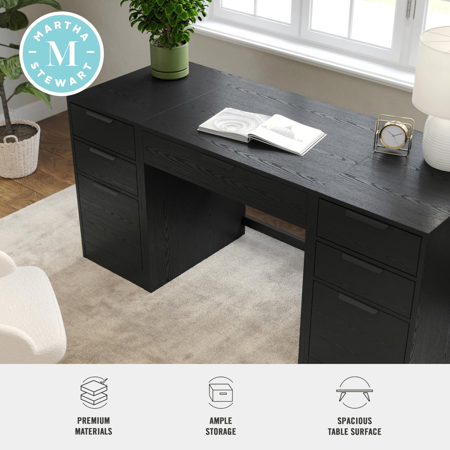 Martha Stewart Kayden Home Office Modular Desk with Drawer and Dual 3 Drawer File Cabinets in Black with Oil Rubbed Bronze Hardware