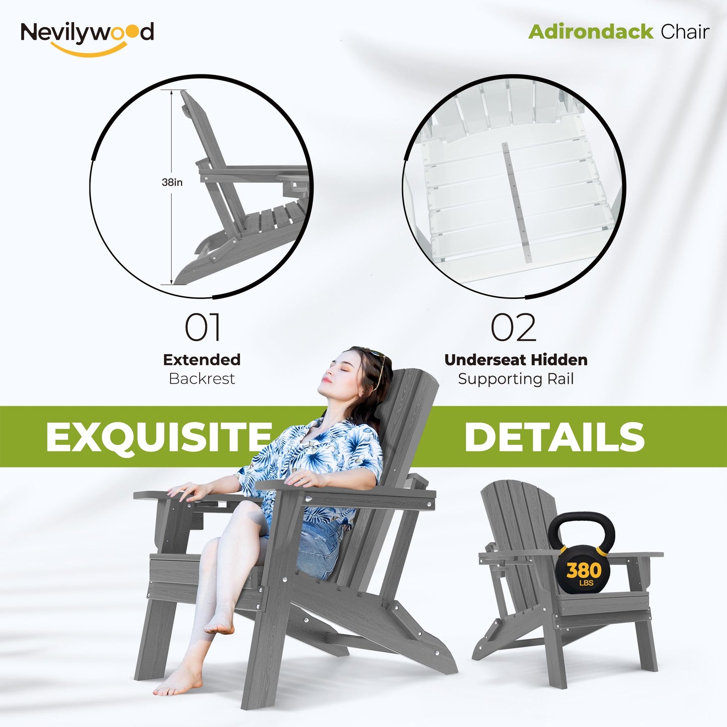 nevilywood Folding Adirondack Chair, Ergonomic, Cup Holder, 380lbs,Grey