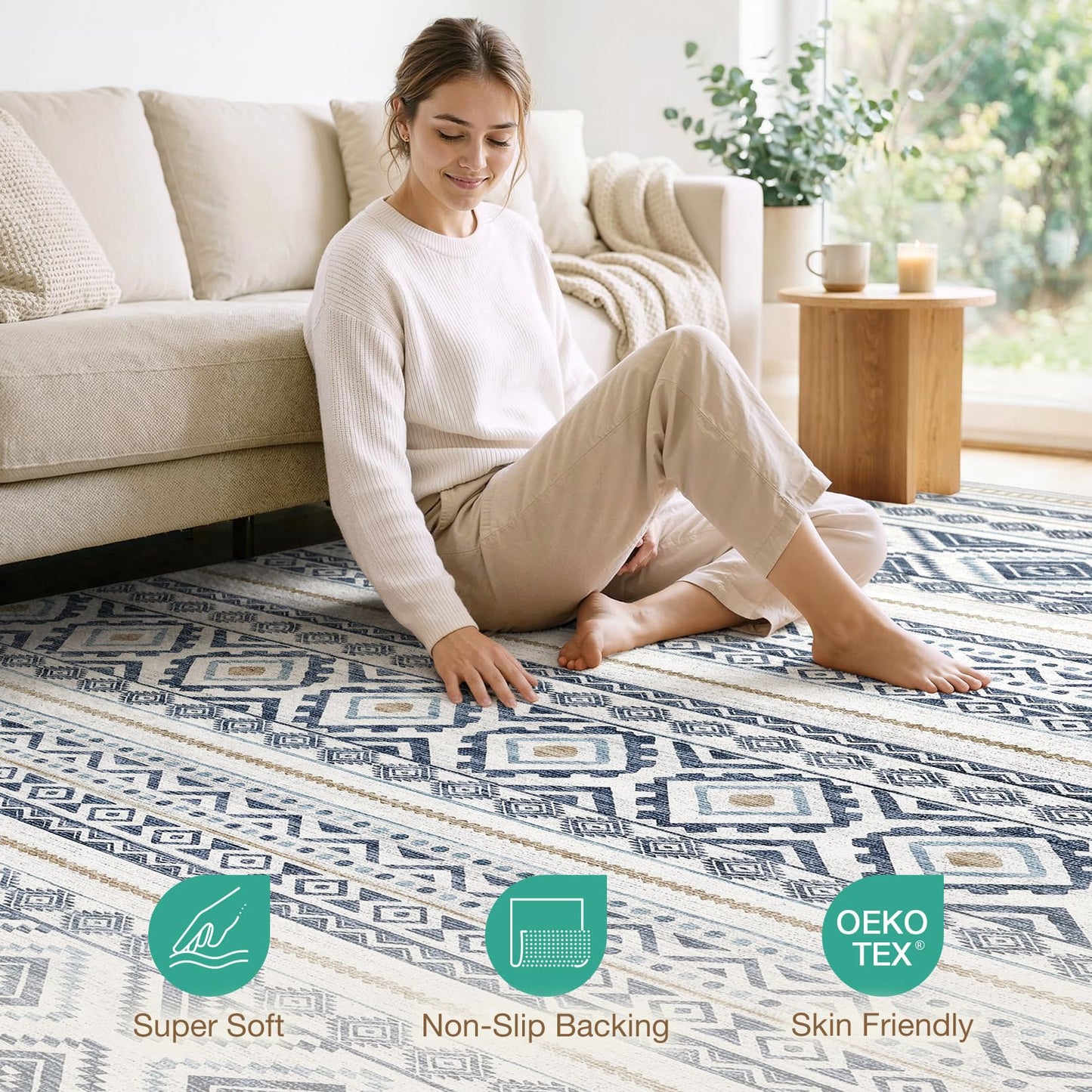 cotiled 5x7 Area Rugs Living Room Rug: Washable Boho Rugs with Non Slip Backing Large Soft Indoor Stain Resistant Carpet for Bedroom Farmhouse Dining Room Lightweight Home Decor Blue