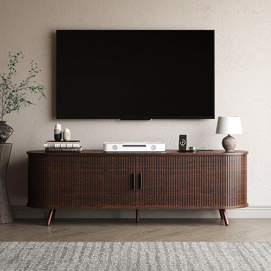63 inch TV Stand with Power Outlet, Fluted Entertainment Center