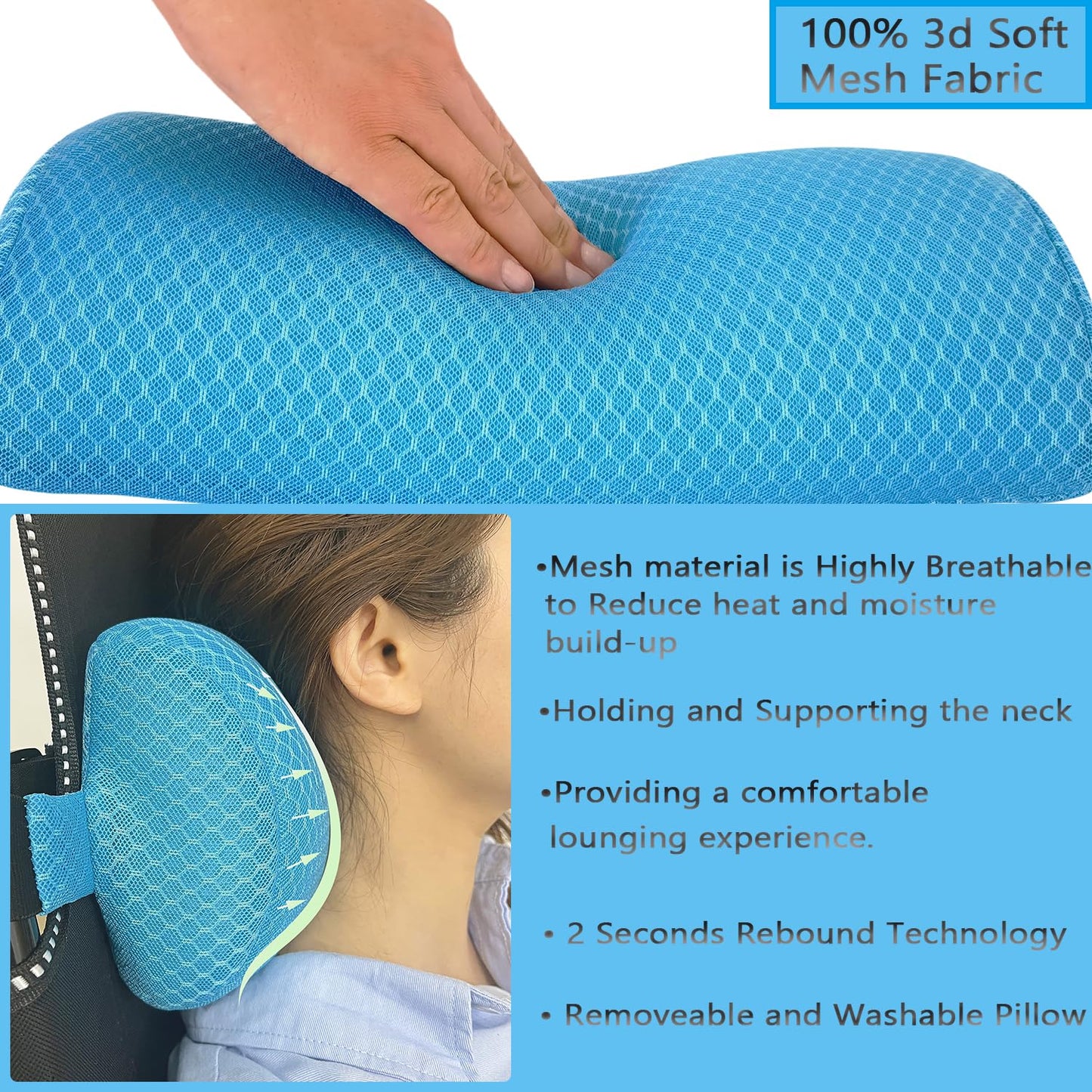 REEZEIVI 1Pack Headrest Pillow for Patio Chaise Lounge,Chaise Lounge Pillows Outdoor 3D air mesh with Elastic Band,Quick Drying and Washable Spa Pillow for Recliner,Beach Chair,Office Chair Blue