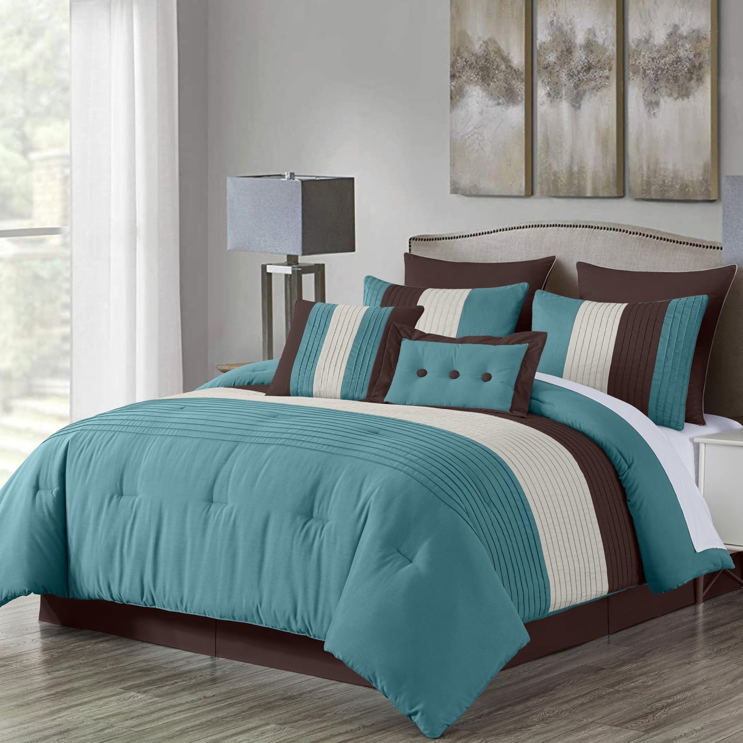 Chezmoi Collection Loft 8-Piece Luxury Striped Comforter Set (Full, Blue/Beige/Chocolate Brown)