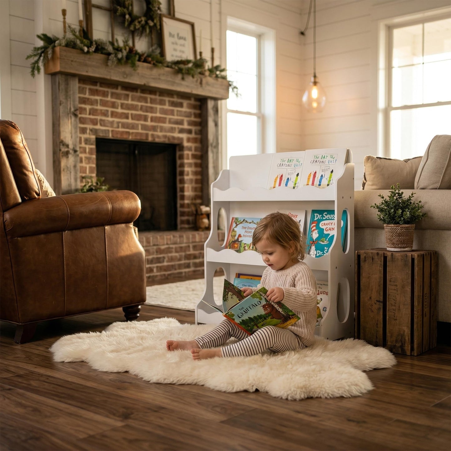 AMMEHOELA Wood Kids Bookshelf Montessori DutchDesign,SnowfallWhite