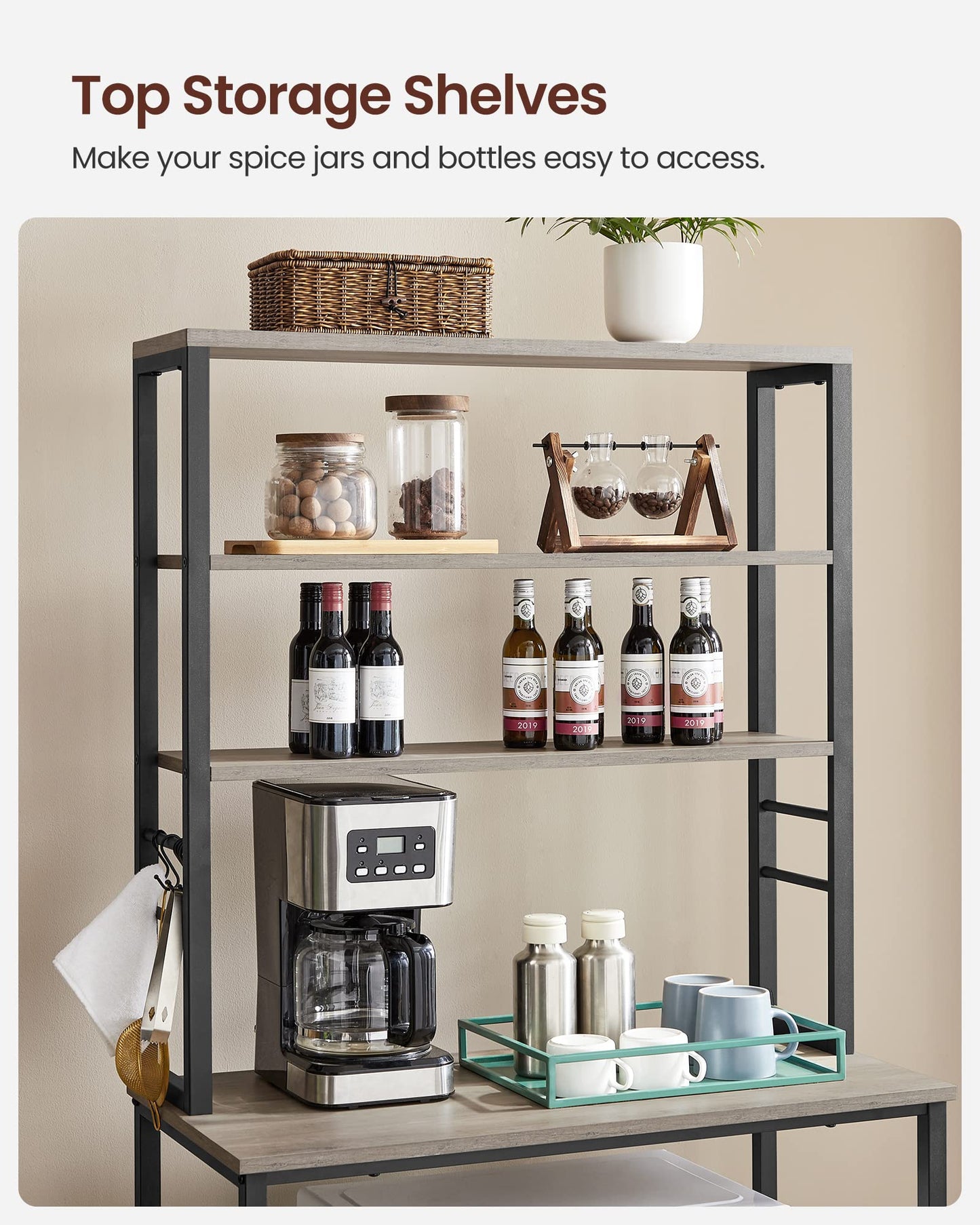 VASAGLE Coffee Bar, 31.5 Inches Baker's Rack for Kitchen with Storage, 6-Tier Kitchen Shelves with 6 Hooks, Microwave Stand, Industrial, Heather Greige and Ink Black UKKS019B02