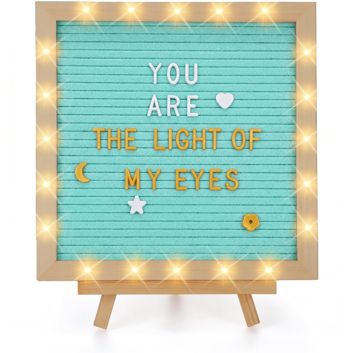 Changeable Felt Letter Board with LED Lights - 10×10" Message Custom Signs & Wood Stand & 450 Letters, Poster Board for Baby/Pregnancy Announcement/Classroom Wall Decor Gifts First Day of School, Blue