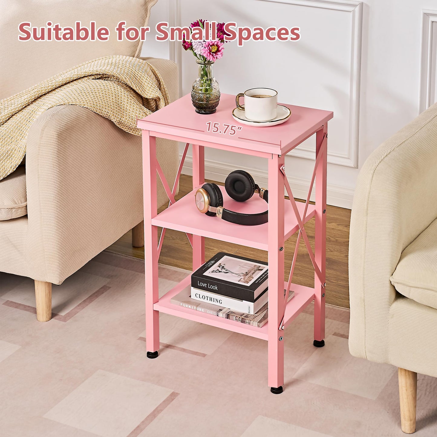 VECELO End Table Set of 2, Bedside Table, 24" Tall Living Room End Tables, X-Design Reinforced Nightstands, Side Table with 3-Tier Storage Shelves for Small Spaces, Office, Bedroom, Pink