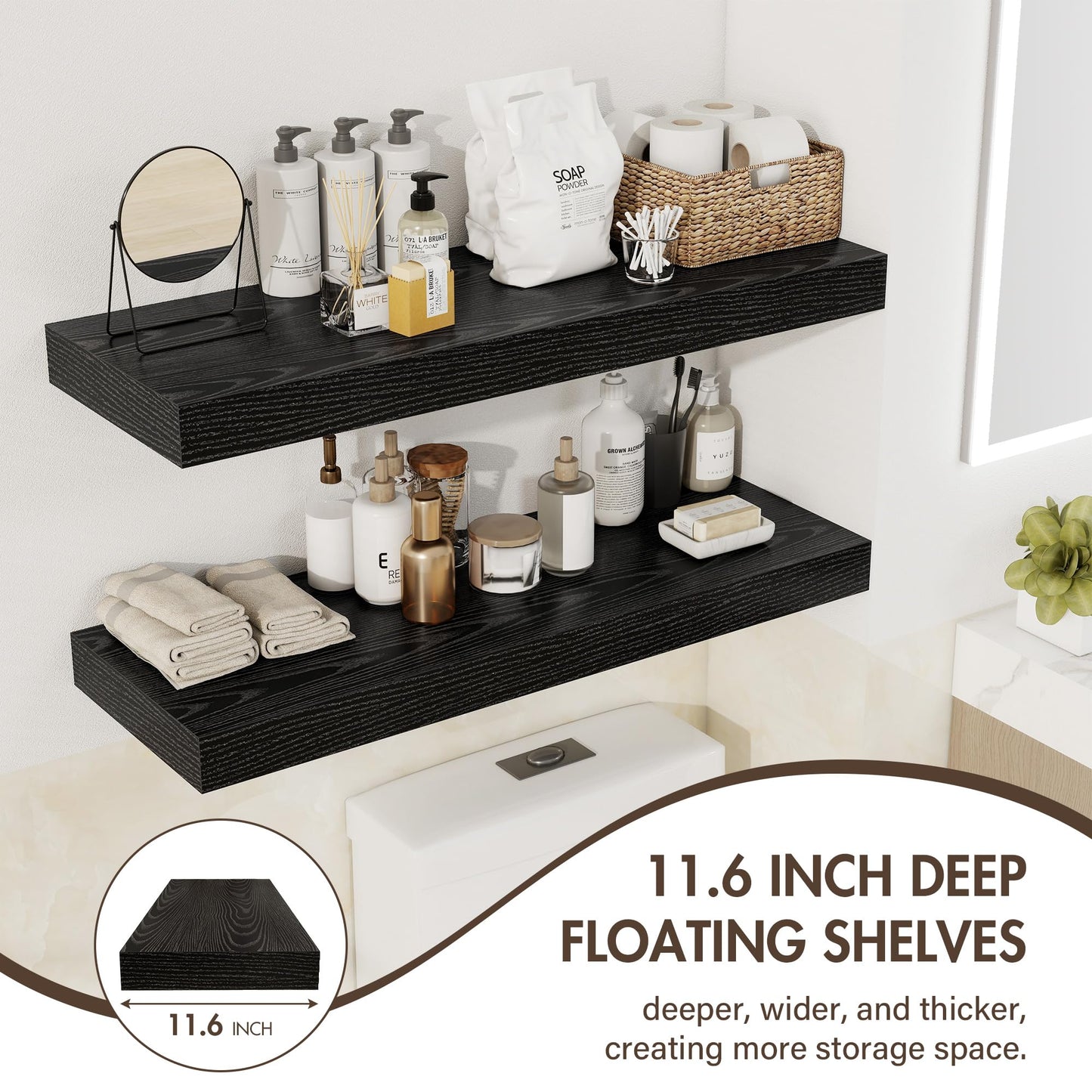 Acovy 30 Inch Floating Shelves, 12" Deep Floating Shelf Wall Mounted, 30" Wall Shelves, Rustic Deep Bookshelf, Extra Deeper & Thicker Display Shelves for Bedroom, Living Room, Black, Set of 2