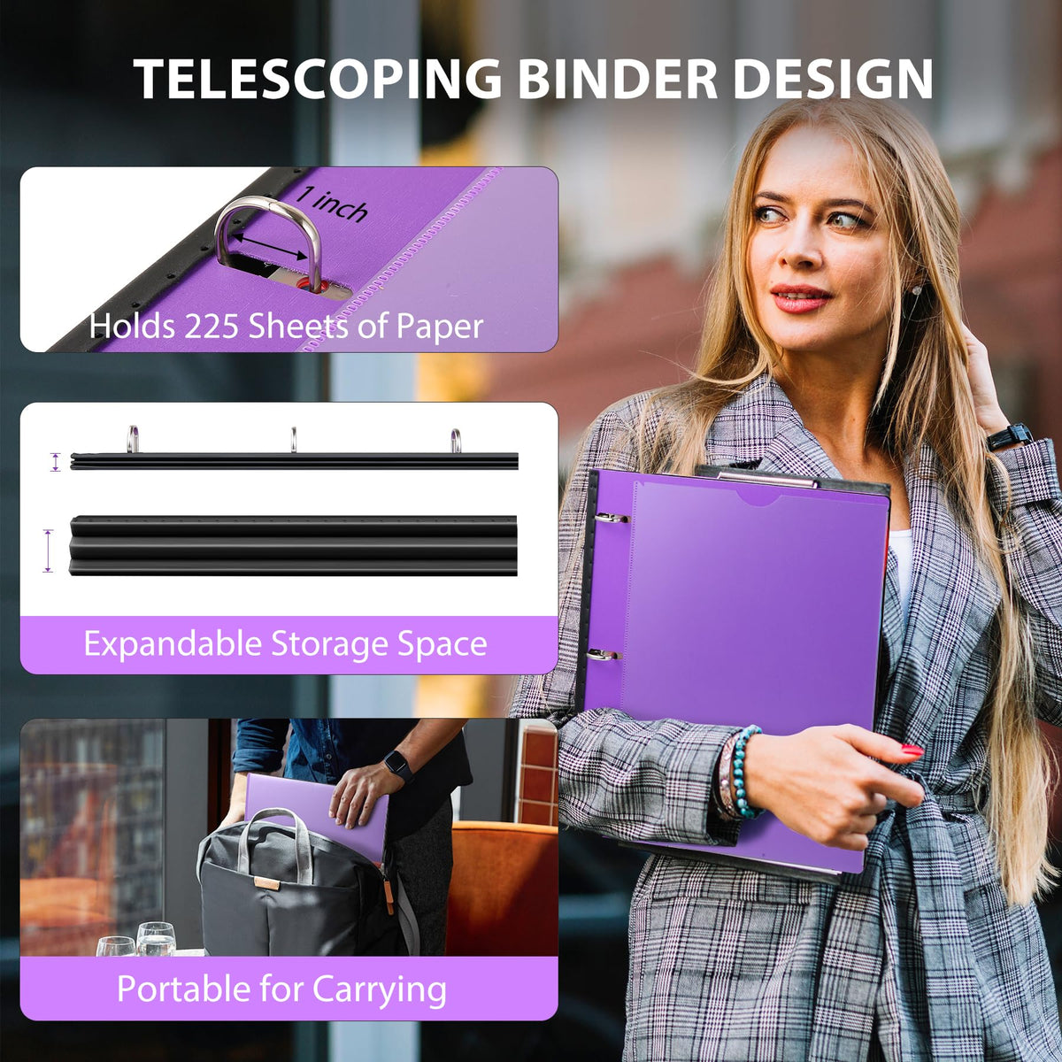 WOT I Telescoping Project Organizer, Refillable 3 Ring Binder with Dividers and Pockets, 13 Pocket Folders, 1 Inch 3 Rings, Purple
