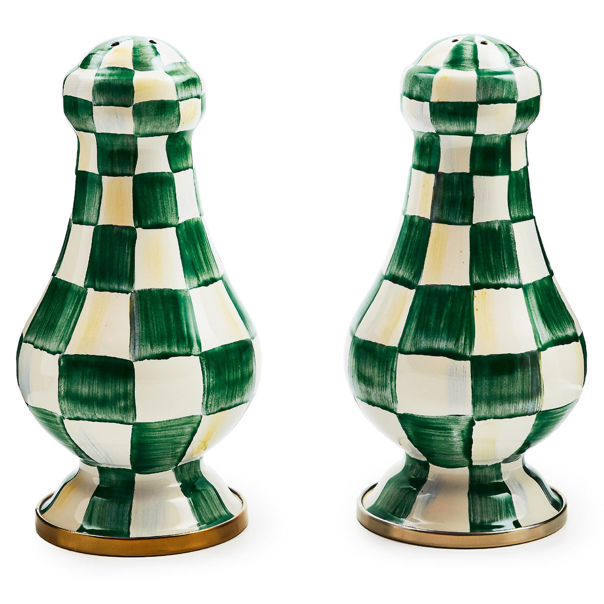MACKENZIE-CHILDS Enamel Salt and Pepper Shakers, Kitchen Table Spice Shaker Set, Green-and-White Emerald Check, Large
