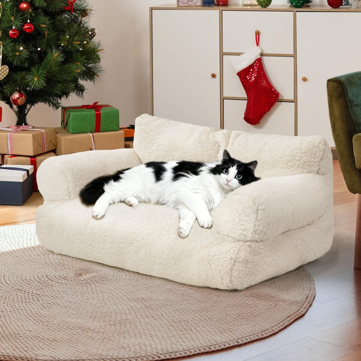 FURMORENE Large Cat Beds for Indoor Cats, Dog Couch Bed, Cute Cat Couch Sofas for Less 20lbs Kitten Puppy, Small Dog Sofas & Chairs with Removable Washable Cover, Soft Warm Pet Furniture, Cream