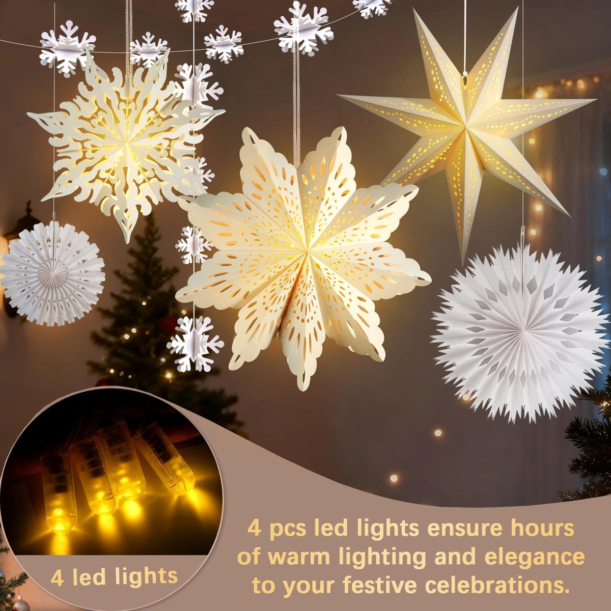 Winter Wonderland Snowflake Party Decorations, Christmas Hanging Decor, White Paper Star Snowflake Lanterns with Lights Paper Fans Garlands Set for Christmas Frozen Winter Birthday Wedding Party Decor