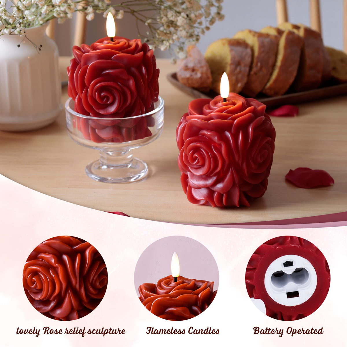 JOIONE Valentines Day Flameless LED Candles, Rose Shaped 3D Flickering Flame Battery Operated Candle with Remote, Romantic Candles for Date Night, Valentine's Day, Wedding and Home Décor, Red