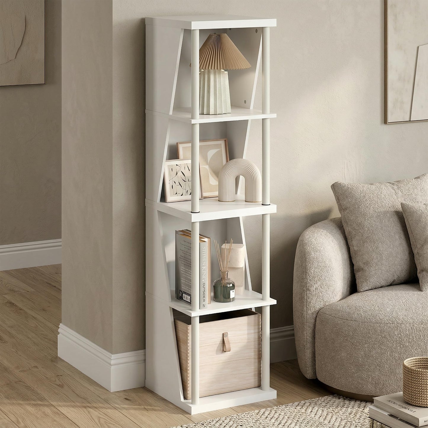 Furinno Flexi Storage Shelf, 4-Cube Corner Shelf, Book Shelf, DIY Stackable & Separable Display Bookcase, for Organization and Storage, for Living Room, Home Office, White