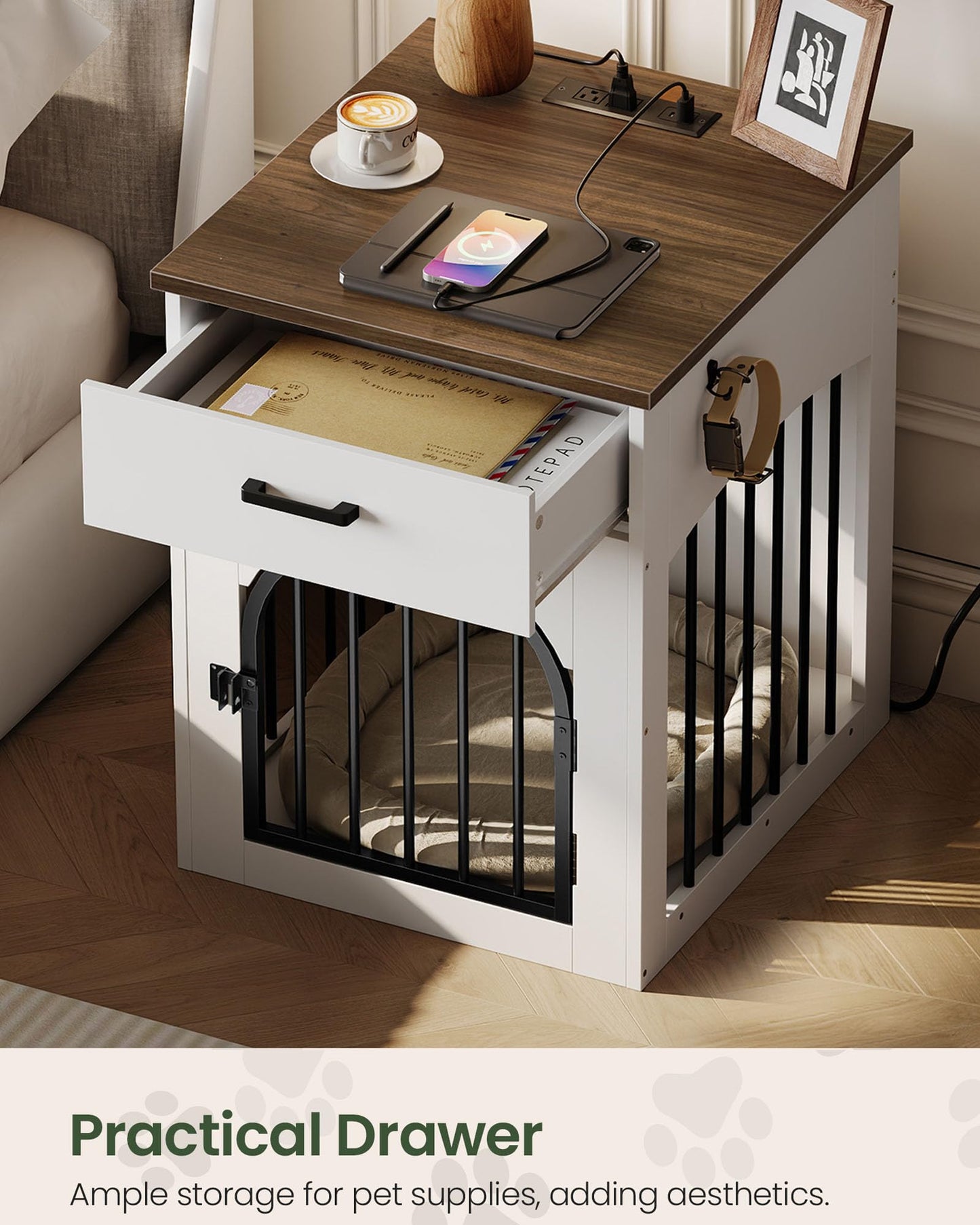 CHOEZON Dog Crate Furniture, Wooden Dog House with Charging Station and Storage Drawer, Indoor Pet Crate End Table for Small Breeds, Dog Kennel for Living Room, Bedroom, White and Walnut MGW01UWL