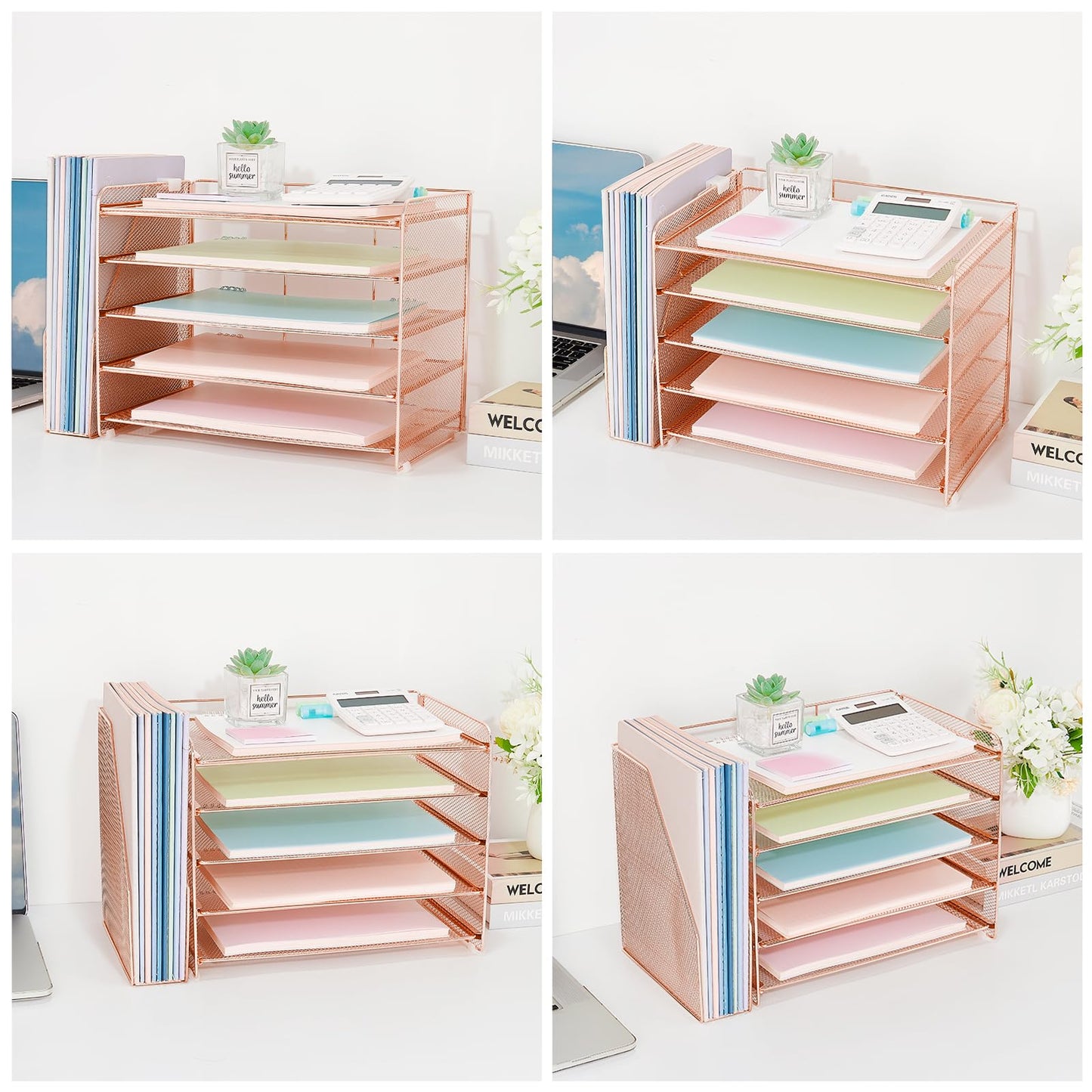 OPNICE Desk Organizer, 5-Tier Paper Organizer Letter Tray with Magazine Holder, Office Desk Accessories & Workspace Organizers, Desktop File Organizer for Office Supplies Storage, Rose Gold