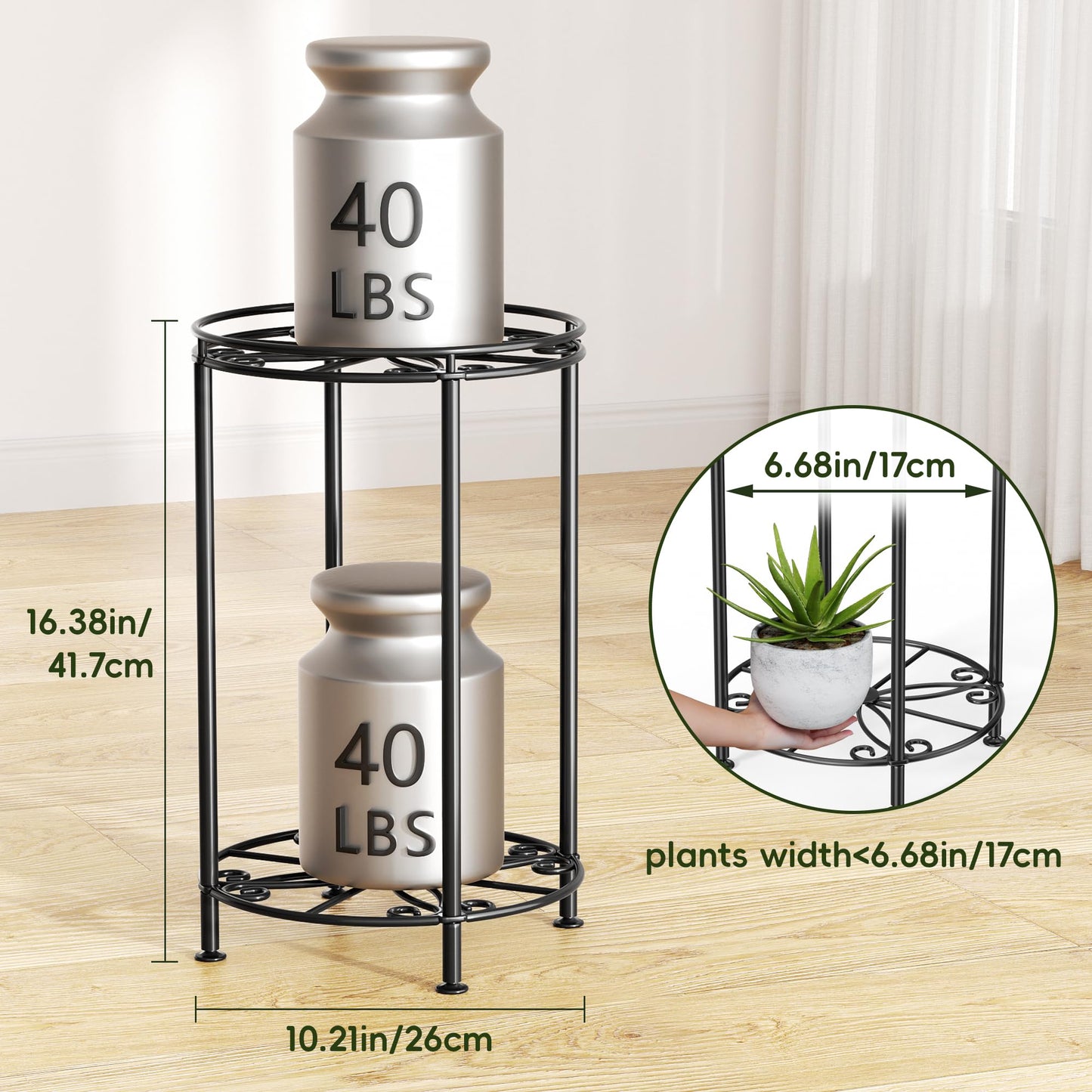 Josmimic Plant Stand 2-Tier 10.2in Width 16.4in Tall Flower Pot Rack Small Plant Table Metal For Indoor Outdoor