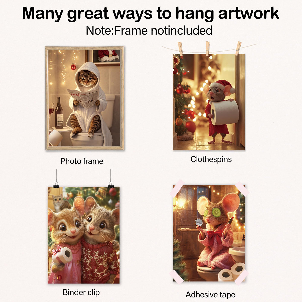 Poecinvi Funny Christmas Bathroom Wall Art Prints Set of 4, Christmas Bathroom Decor, Cute Cat Mouse Animal Xmas Posters Pictures Wall Decor for Kids Bath Room Washroom, 8x10 Unframed