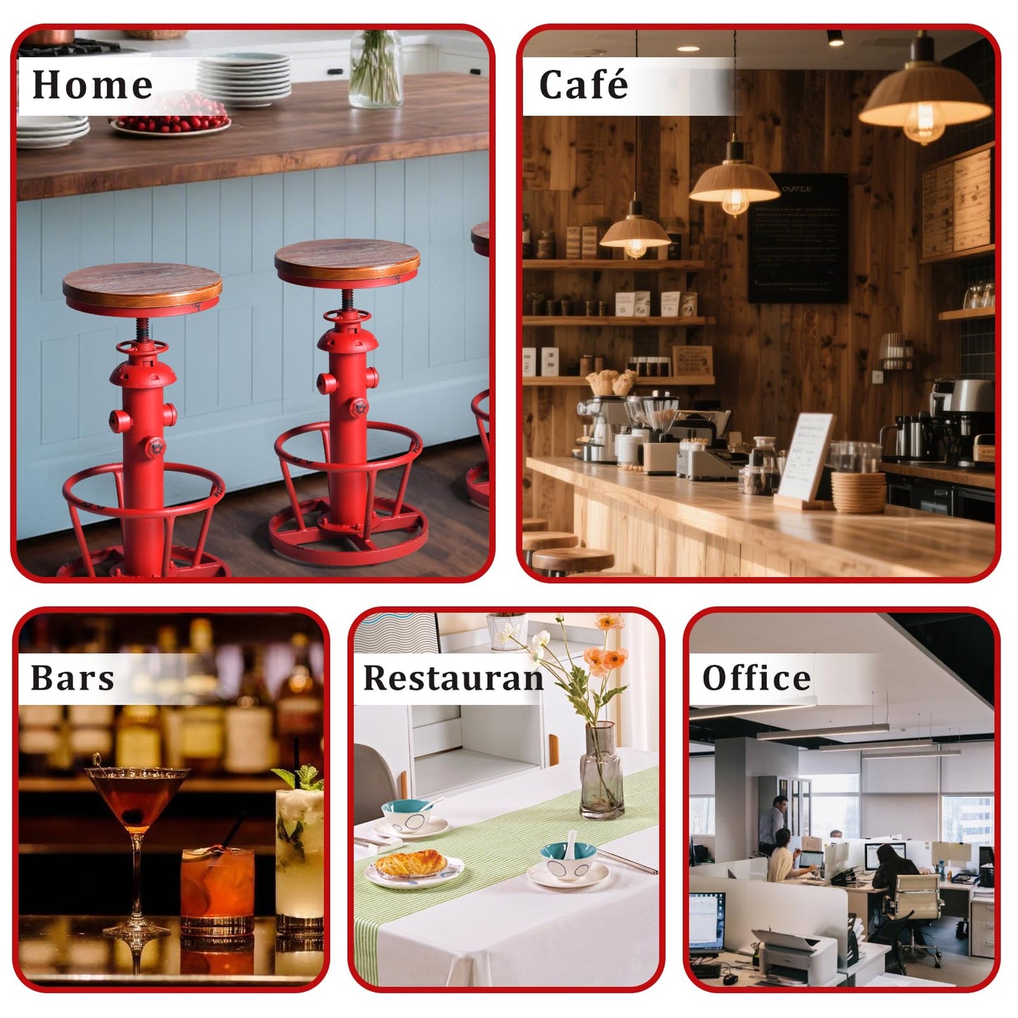 Topower Antique Industrial Round Bottom Adjustable Height Cafe Coffee Retro Vintage Stylish Water Pipe Design Pub Kitchen Bar Stool Antique Red