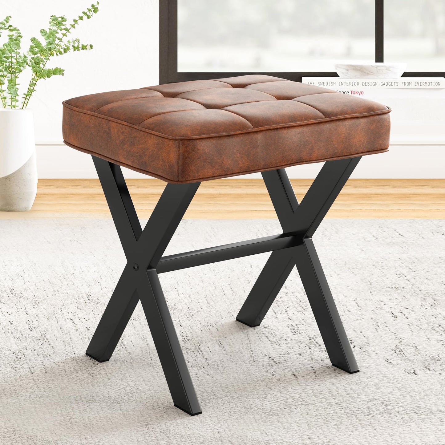 LUE BONA Vanity Stool, Square Faux Leather Makeup Stool with Metal X Legs, Small Ottoman Stool Chair for Vanity, Modern Padded Vanity Seat Foot Rest Stool for Makeup Room, Living Room, Reddish Brown