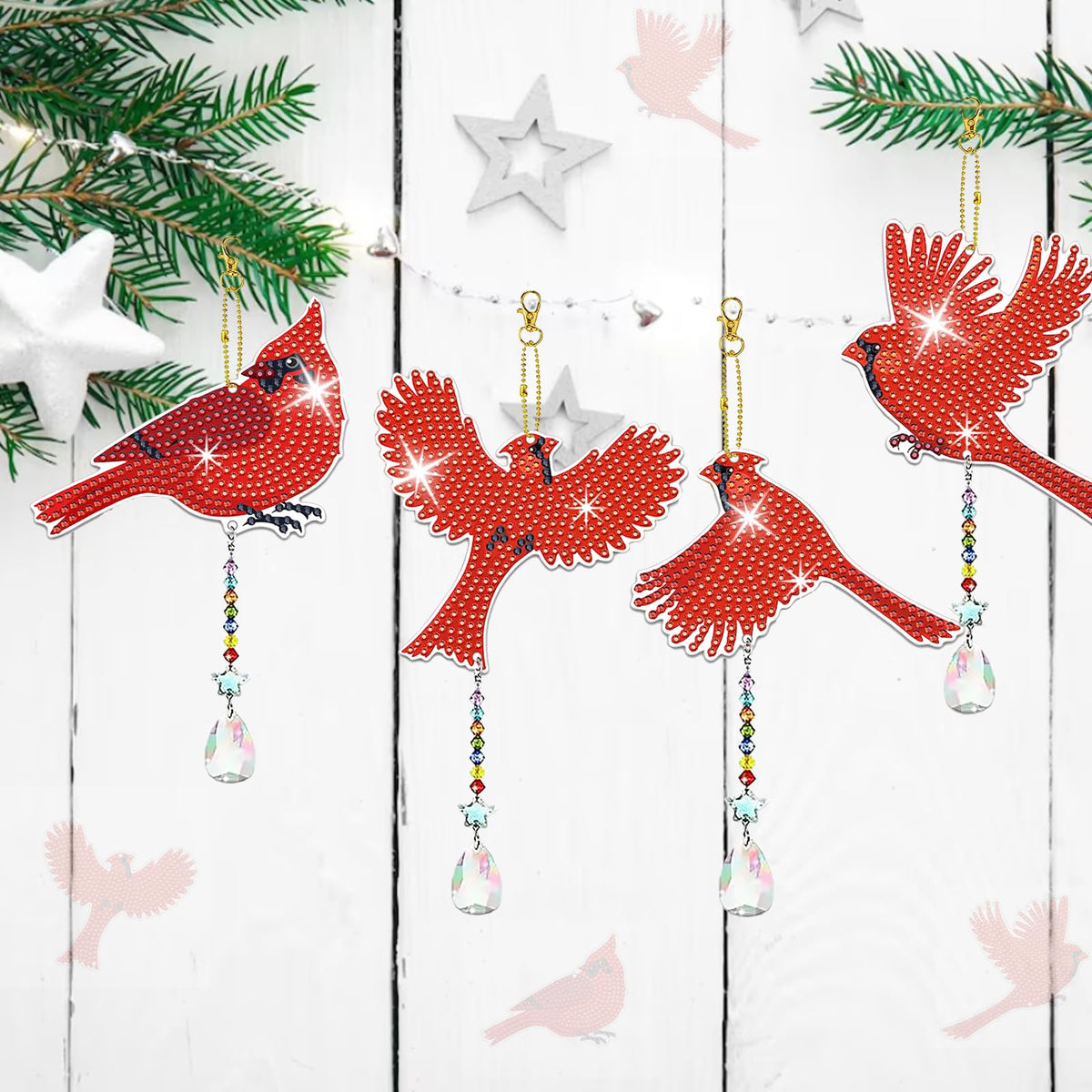 JeCuiK 6 Pcs Cardinal Bird Diamond Painting Wind Chimes 5D DIY Diamonds Painting Suncatcher Ornament Double Sided Diamond Art Suncatcher Hanging Crystal Pendant Best Gifts for Mom