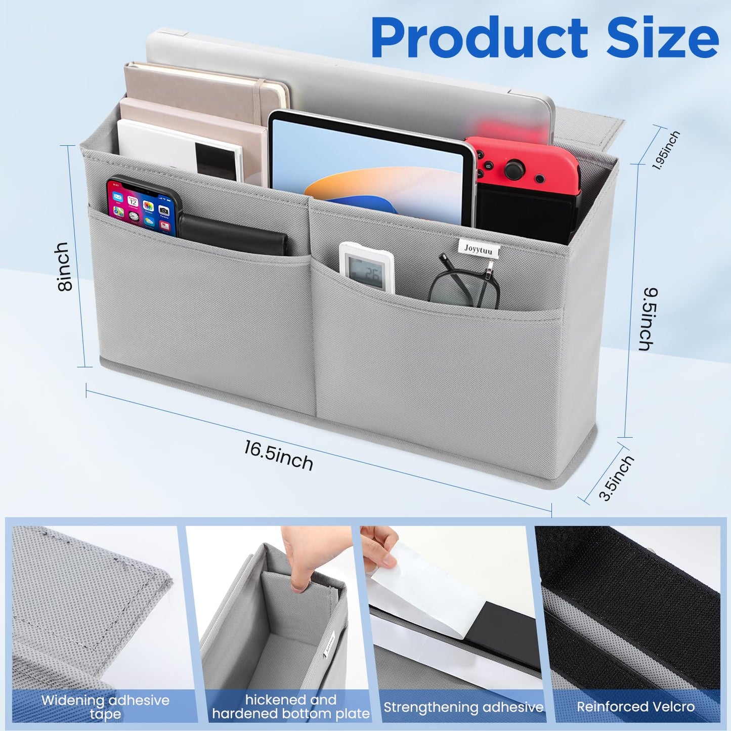 JOYYTUU Desk Side Hanging Organizer, Adhesive Storage Bag with Pockets for Magazine Ipad Notebook, for End Tables Home Office Desks Computer Workstations Dressing Table, Grey