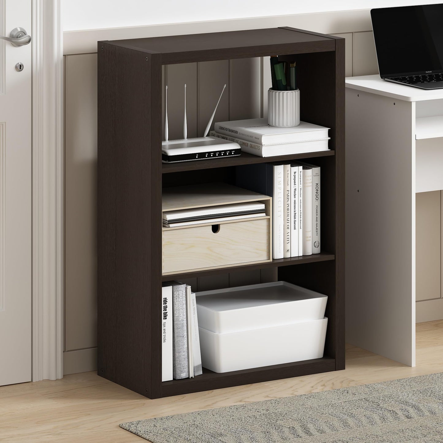 Furinno Viola Book Shelf, 3-Tier Bookshelf, Extra Thick Frame Bookcase with Open Shelf, Open Back Design, 11.3" x 23.2" x 35.9", for Living Room, Bedroom, Home Office, Black Dark Oak