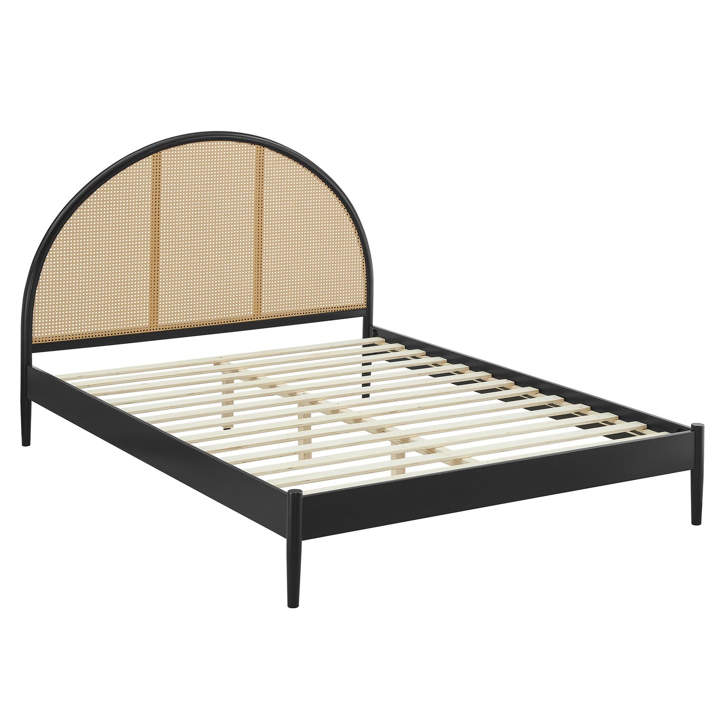 Modway Odette Arched Queen Platform Bed in Black with Rattan Cane Headboard – Wooden Queen Half Moon Bed Frame – Mid-Century Modern Queen Size Platform Bed Frame