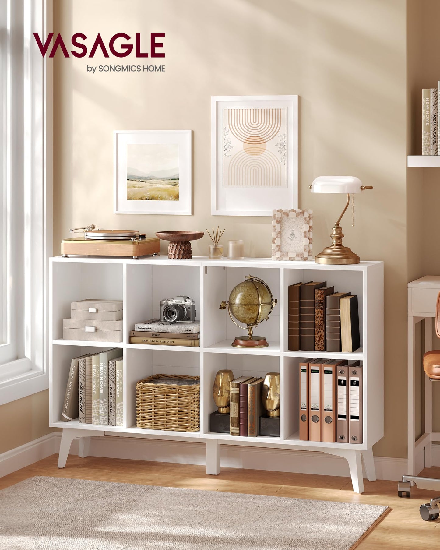 VASAGLE MAEZO Collection - Bookshelf, Bookcase, Cube Shelf with 8 Compartments, Storage Shelf, for Living Room, Home Office, Dining Room, 9.4 x 47.1 x 30.3 Inches, Cloud White ULBC193WB01S