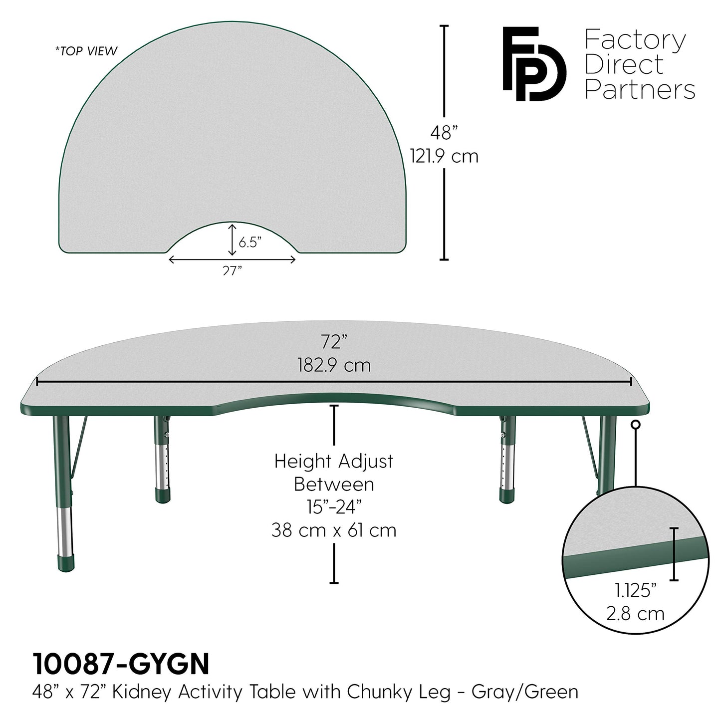 FDP Kidney Activity School and Classroom Kids Table (48 x 72 inch), Chunky Toddler Legs for Collaborative Seating Environments, Adjustable Height 15-24 inches - Gray Top and Green Edge