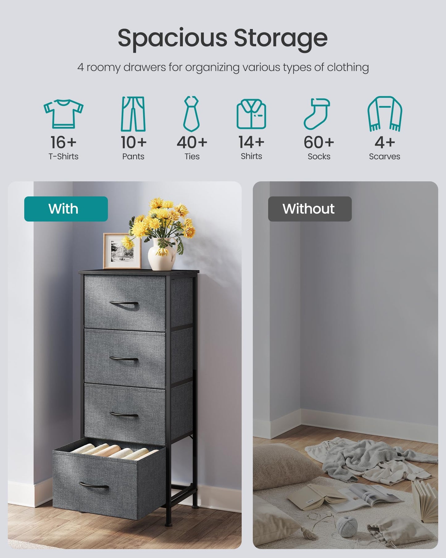 SONGMICS BELLAH Collection - Dresser for Bedroom, Chest of Drawers, Storage Organizer Unit, Closet, Entryway, Steel, 4 Drawers, Modern, Slate Gray ULGS314GN02S