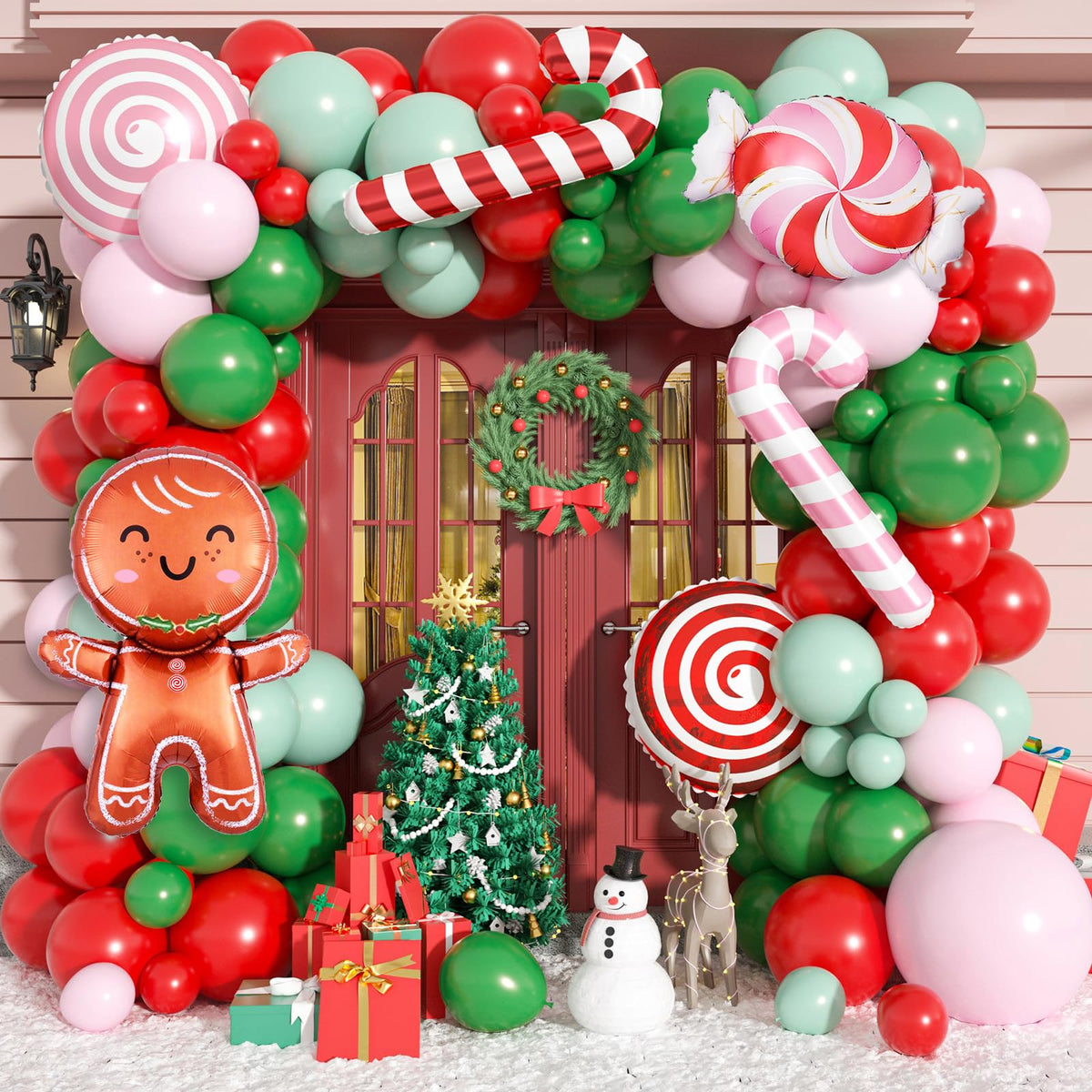 Christmas Balloon Garland Arch Kit, 115 PCS Xmas Balloon Decorations with Pink Red Green Latex Balloons Gingerbread Man Foil Balloons Candy Cane House Helium for Kids Christmas New Year Party Supplies