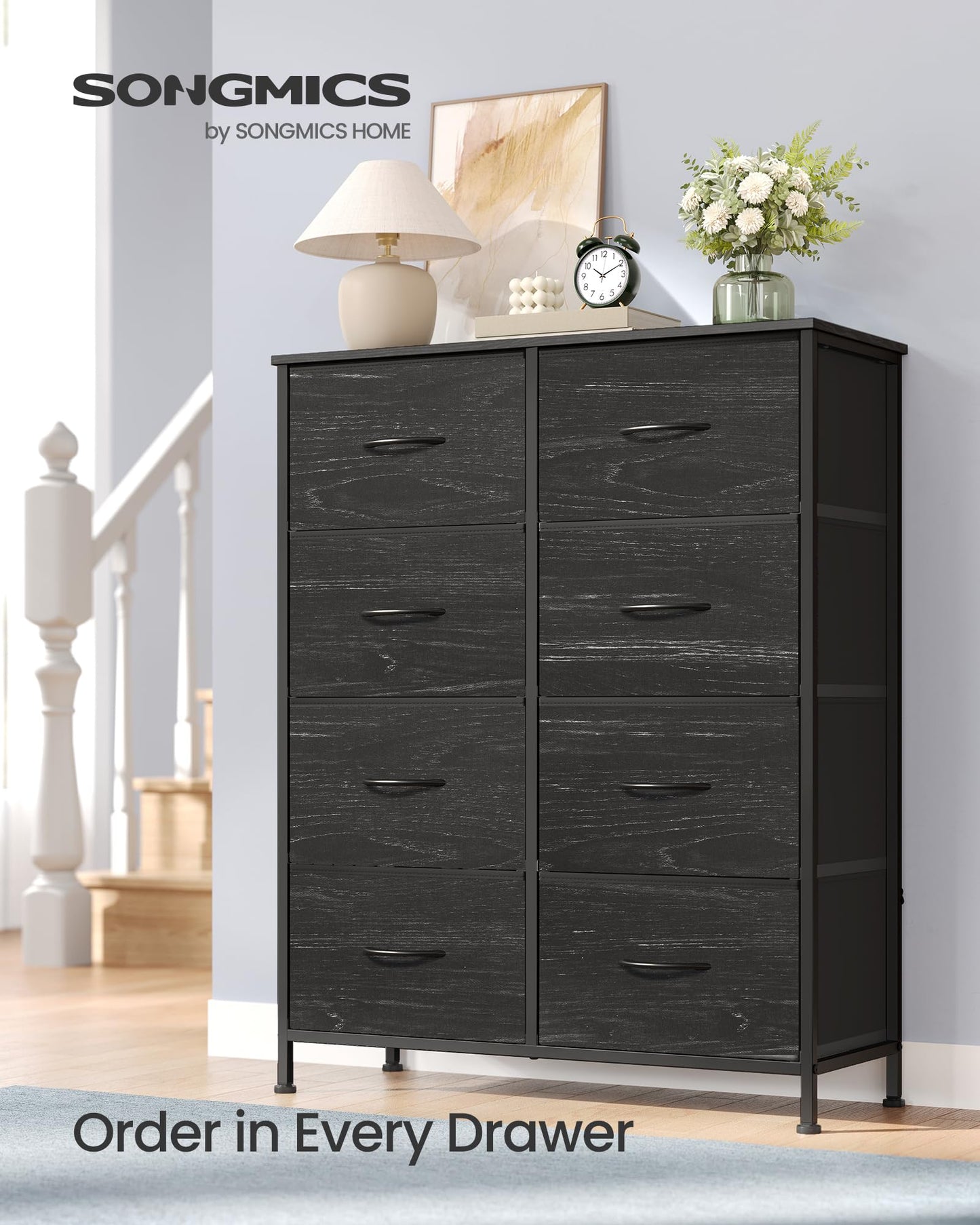 SONGMICS BELLAH Collection - Dresser for Bedroom, Chest of Drawers, Storage Organizer Unit, Closet, Entryway, Steel, 8 Drawers, Modern, Ebony Black ULGS124BE02S
