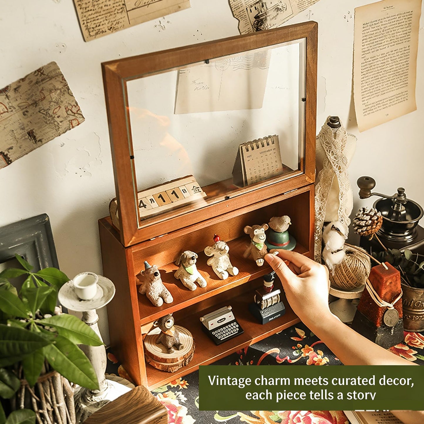 RZGZKLSH Pine Wood 2-Tier Curio Shadow Box Wall & Tabletop Display Cabinet