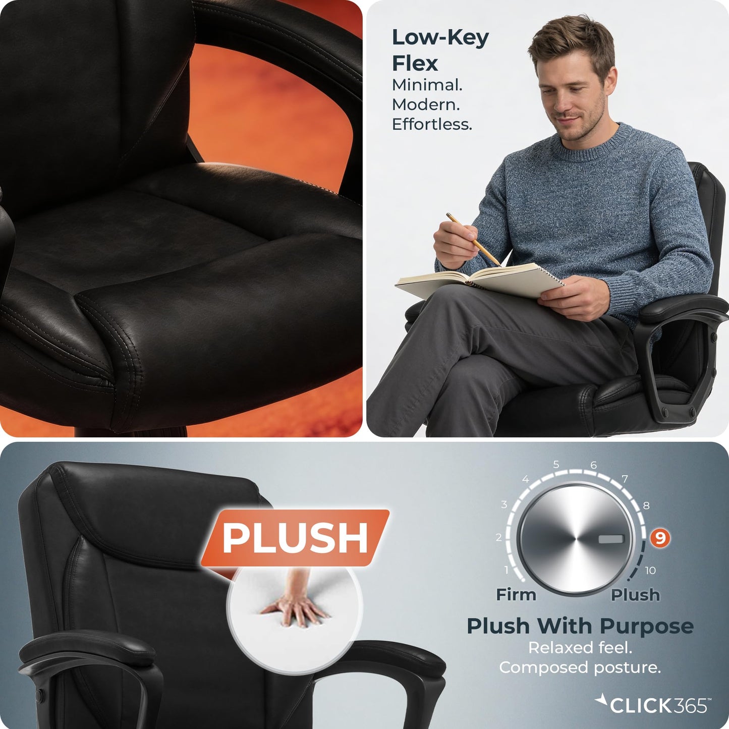 Click365 Transform 1.0 Ergonomic Office Chair, Mid Back Desk Chair with Padded Arms, Lumbar Support, Adjustable Height, Tilt Recline, Swivel Computer Chair, Bonded Leather, Black