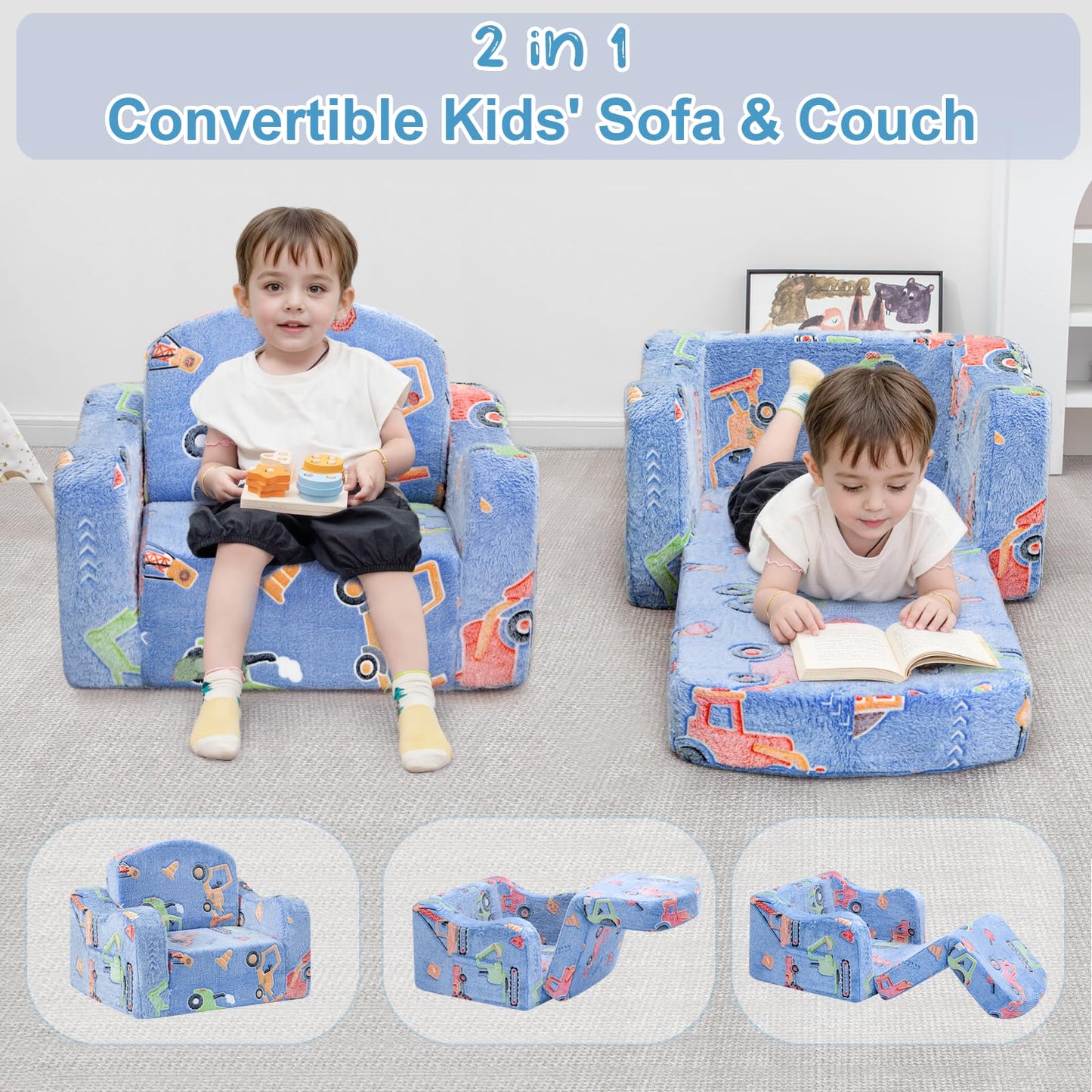 Airpanda Comfy Kids Chair and Couch with Blanket,2-in-1 Soft Fold Out Couch for Girls and Boys,Convertible Sofa Chair for Playroom,Car Excavator