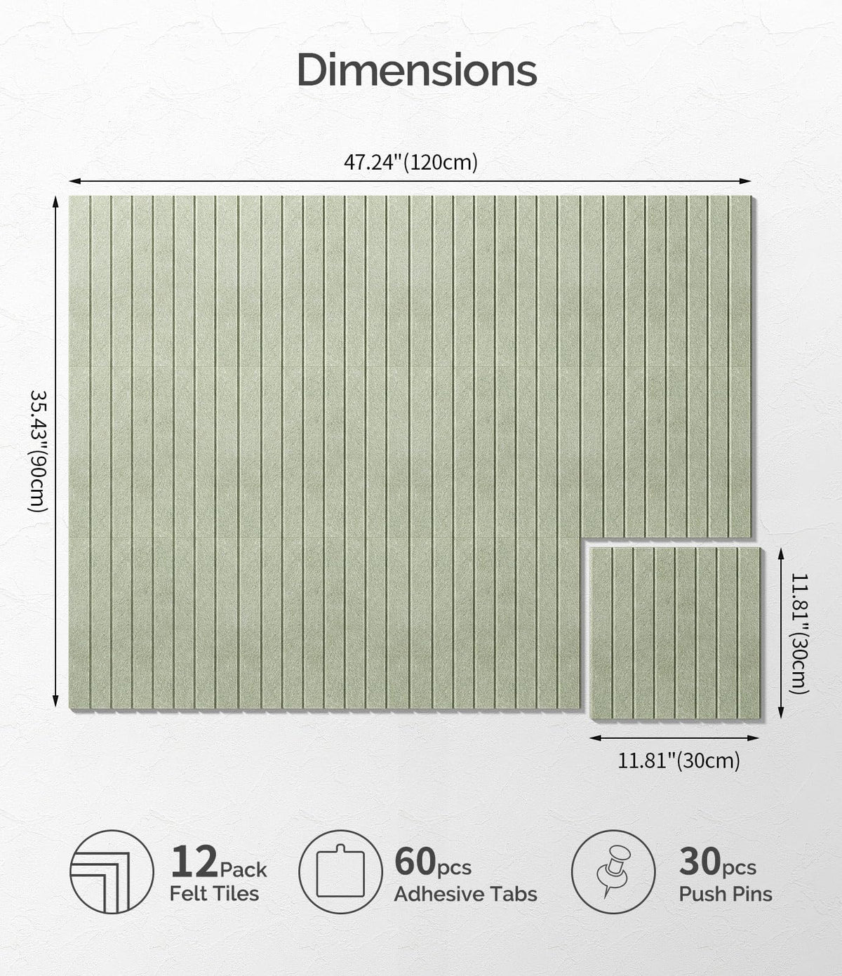 Bounmer Large Cork Board Alternative 48“ x 36”, 12-Pack Felt Bulletin Board Tiles with 60 Safe Removable Adhesive Tabs & 30 Pushpins, Cork Boards for Office Walls Decor (Sage)