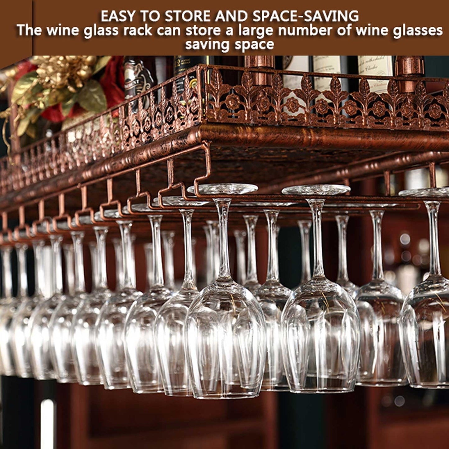 LWJQRSP European Hanging Wine and Coffee Glass Rack Adjustable Height Ceiling Bottle Holder Elegant Carved Design for Bars Restaurants and Cafés - Space-Saving Storage Solution