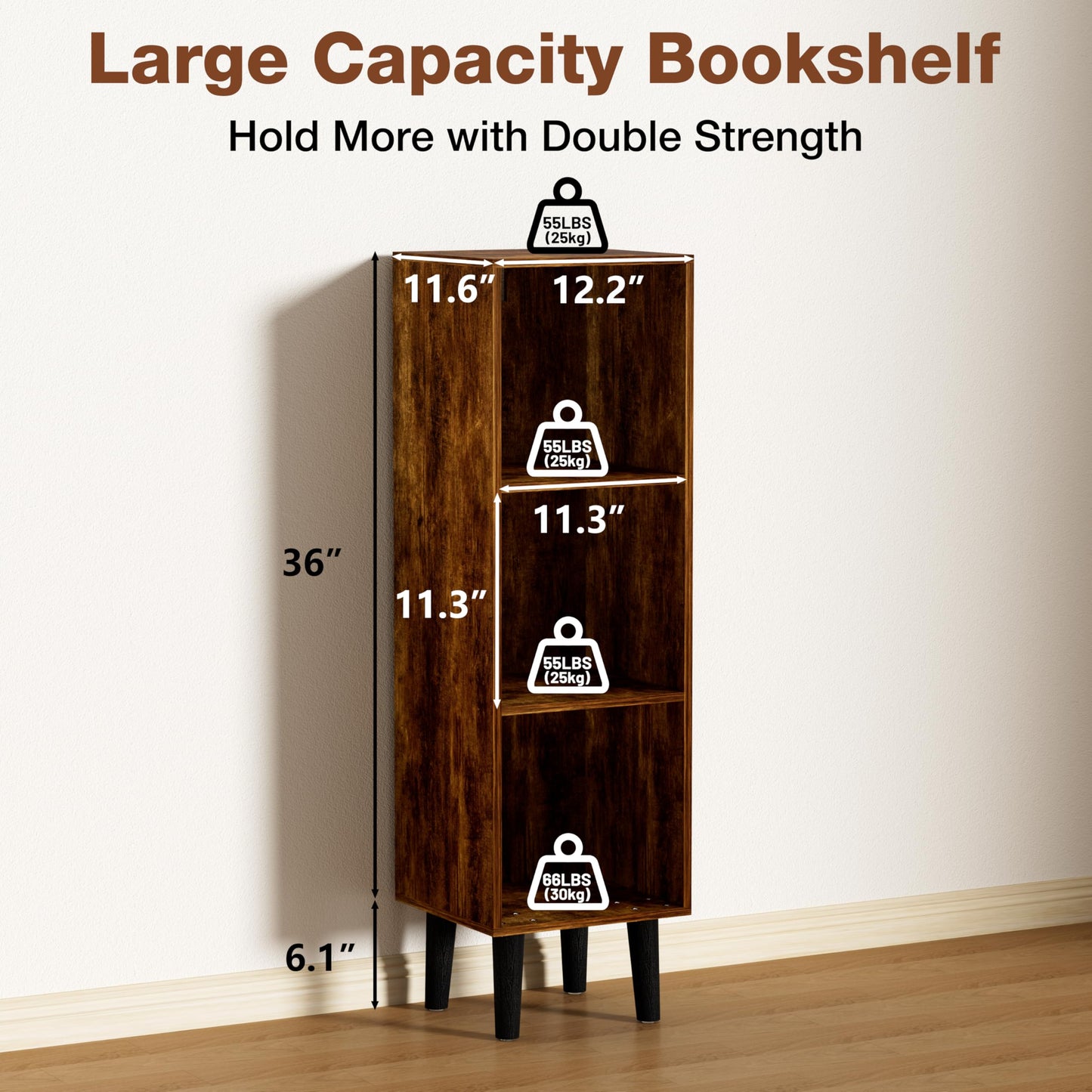 Nestwise 3 Cube Bookcase, Wooden Book Shelf Cube Storage Organizer with Legs, 3 Tier Bookshelf Freestanding Open Shelves for Bedroom, Living Room, Home Office (Brown, 3 Cube)