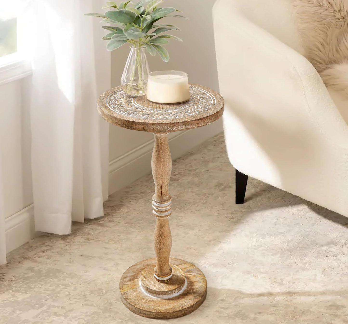 The Wooden Town Hand-Carved Solid Wood End Table - 12x22 White Wash Finish Accent Side Table for Living Room, Bedroom Nightstand, Small Pillar Table for Plants or Décor