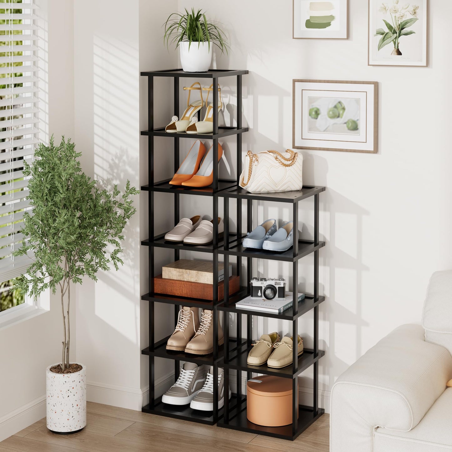 Vertical Tall Shoe Rack Organizer for Entryway -12 Tier Free Standing Slim Narrow Bamboo Wood Corner Stackable Shoe Boots Storage Stand Small Spaces for Closet Garage Cloakroom Living Room (Black)
