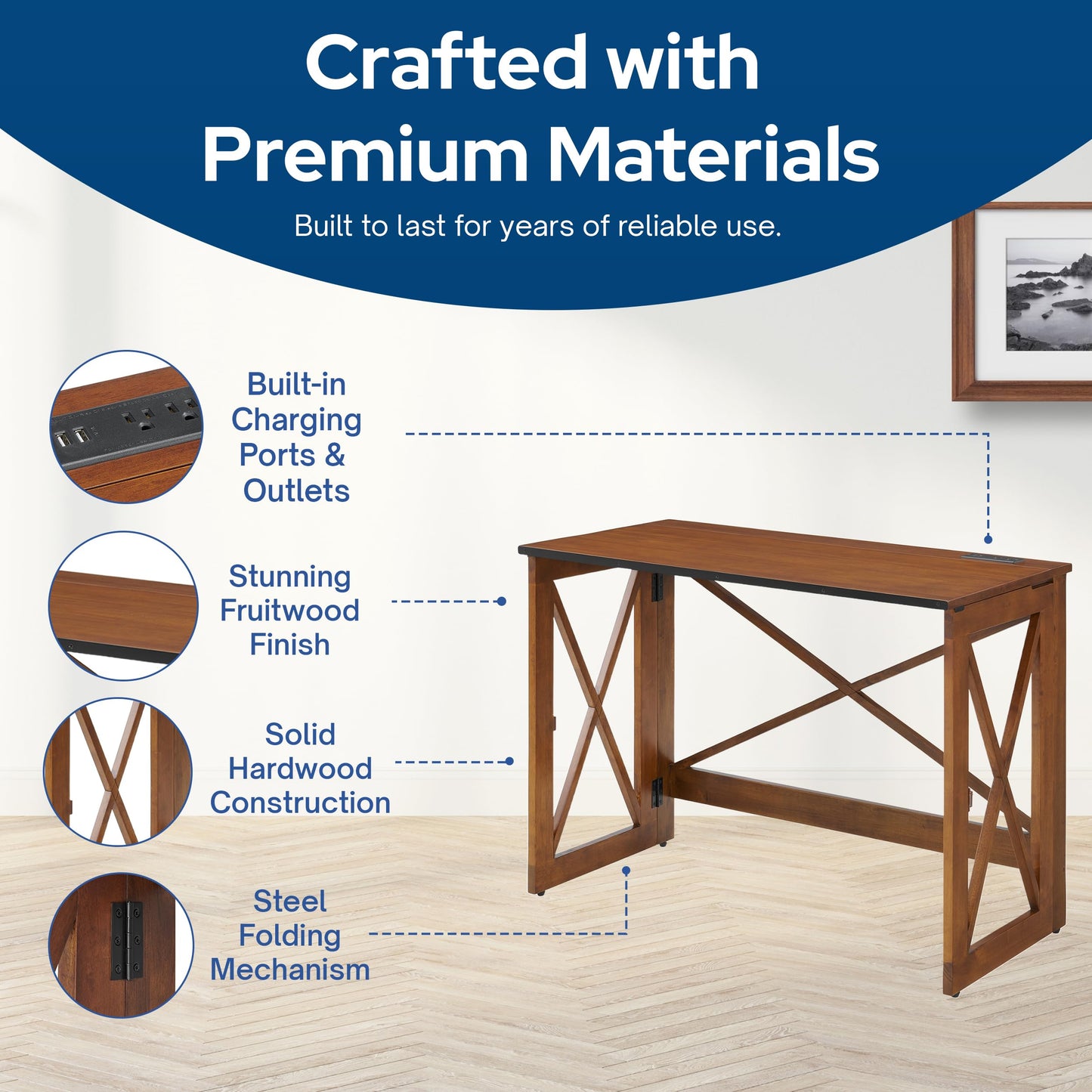 MECO Stakmore 110 Volt Stylish Versatile Expandable Folding Desk with Built in Outlets for Home Office, Den, or Living Room, Fruitwood