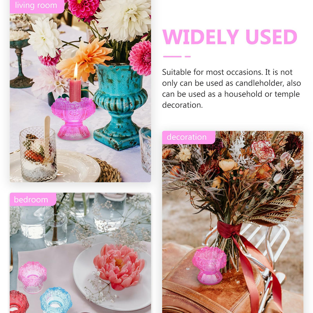 POPETPOP Butter Lamp Candleholder Set, 3pcs Small Blue Red Pink Glass Crystal High Base Candle Holders for Buddhist Rituals and Home Décor Desktop Adornment