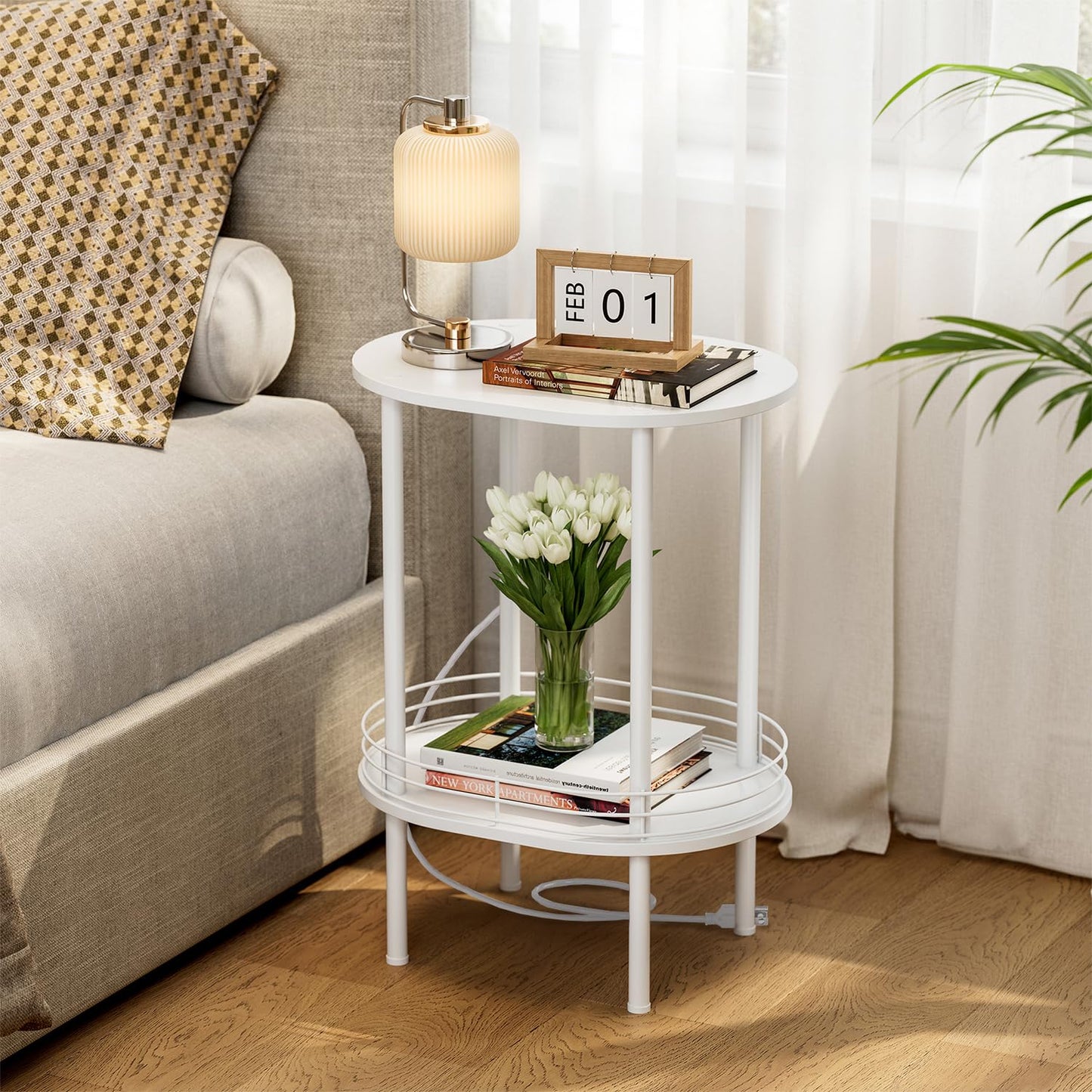 DGSANDGO White Side Table with Charging Station,Side Tables Living Room,Nightstand with USB Ports and Outlets,Samll End Table for Small Space,Living Room,Bedroom, Nursery,(1PC,White)