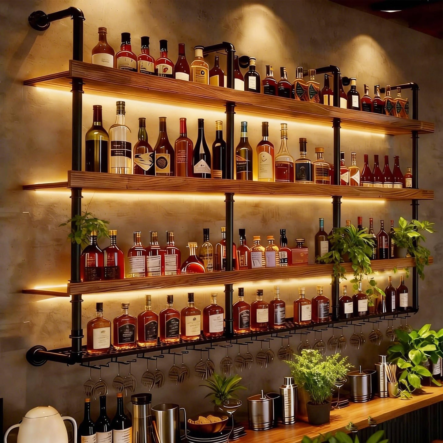 YTALUTTNIE 31.4in Wall Mounted Wine Rack with LED Lights, 4-Tier Industrial Wood Floating Shelves, Metal Wine Glass Rack, Liquor Shelf Storage Organizer for Home Bar, Dining Room, Kitchen, Bar