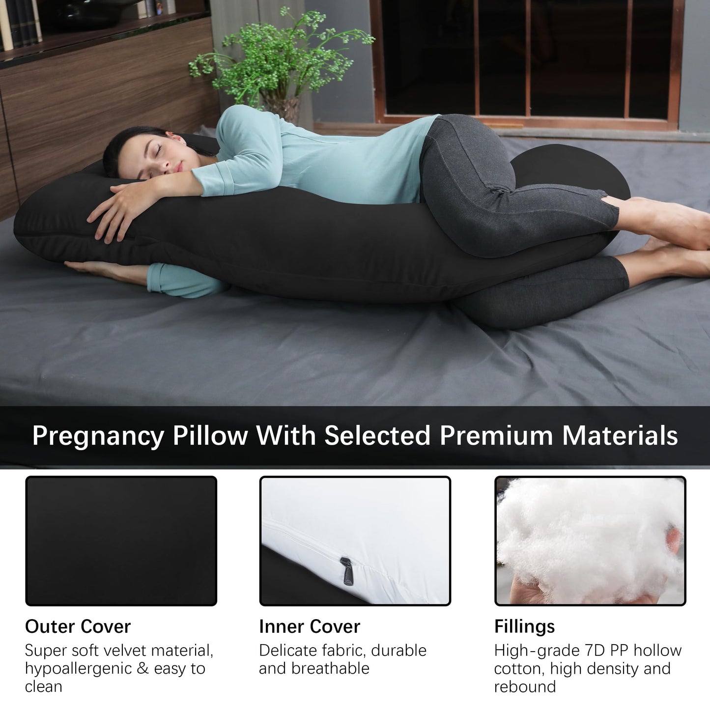 MOON PARK Pregnancy Pillows for Sleeping - U Shaped Full Body Maternity Pillow with Removable Cover - Support for Back, Legs, Belly, Hips - 57 Inch Pregnancy Pillow for Women - Black