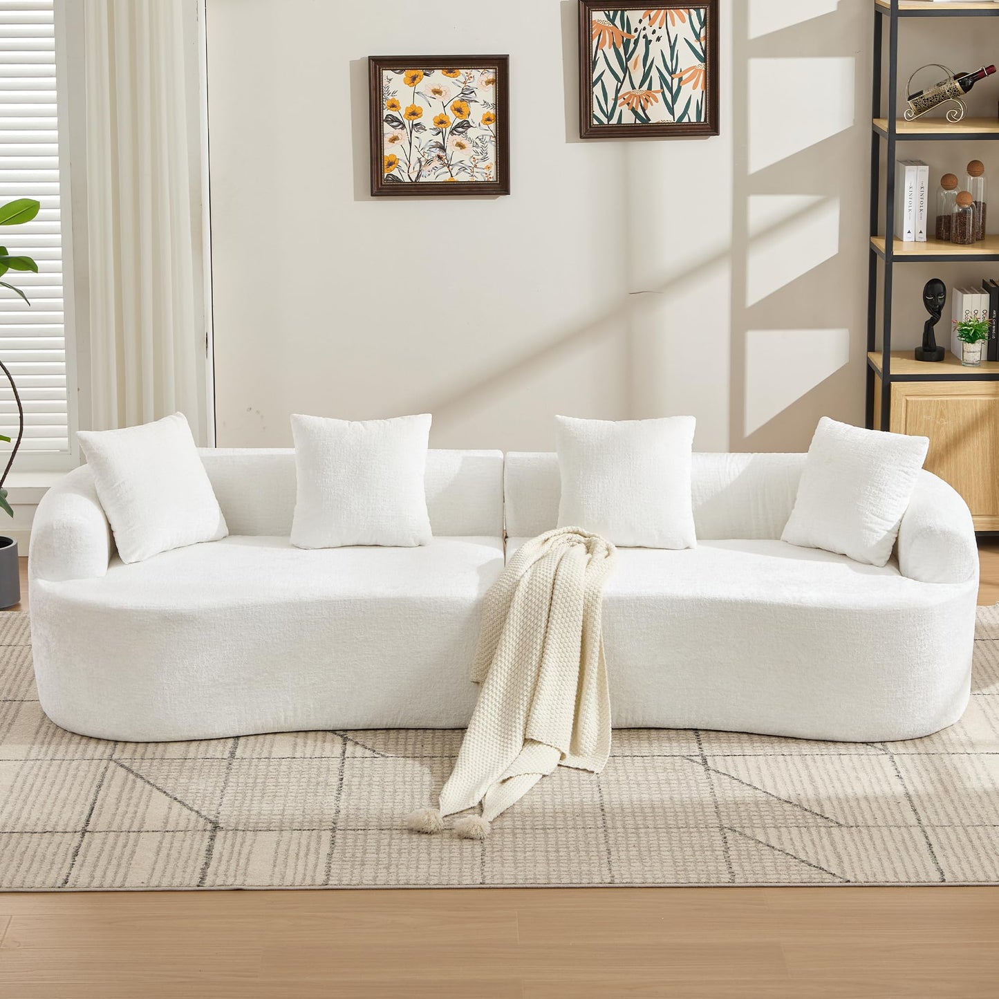 Sectional Sofa, Curved Cloud Sofa Couch, Chenille Full Sponge Chaise for Living Room, Apartment (Beige, 110 Inch)