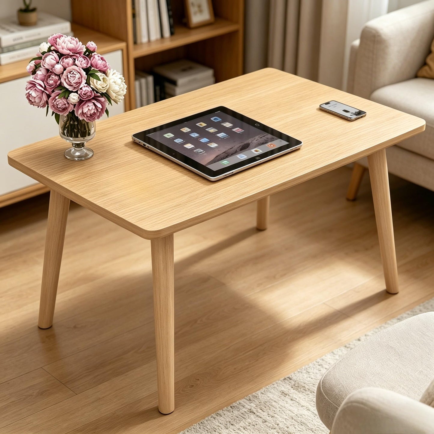 Coffee Table Low Table with 4 Solid Wood Leg, Floor Table Desk for Sitting on The Floor, Small Coffee Table for Small Space, Japanese Side Table for Living Room Apartment Home, Rectangle Brown
