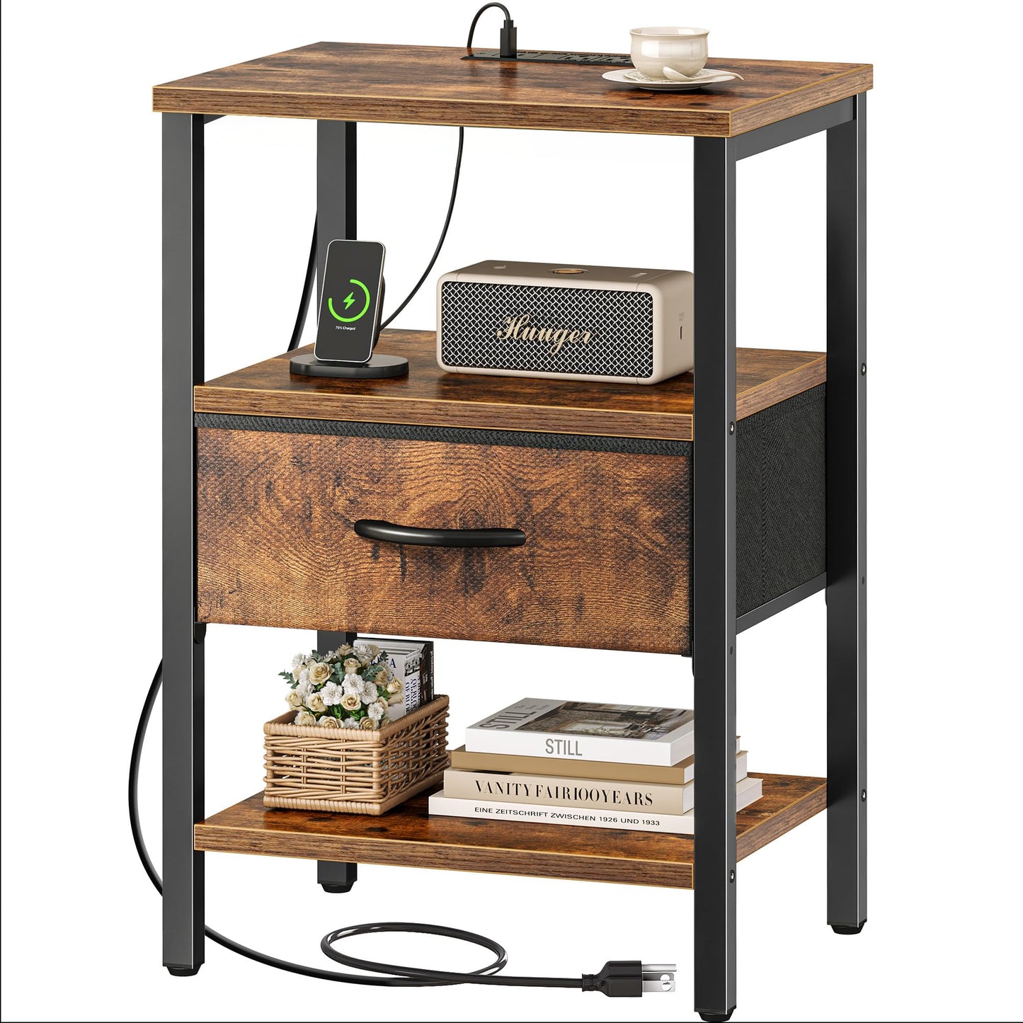 SUPERJARE Nightstand with Charging Station, Bed Side Table with Adjustable Fabric Drawer, Night Stand for Bedroom, 3-Tier Storage End Table, for Living Room, Rustic Brown